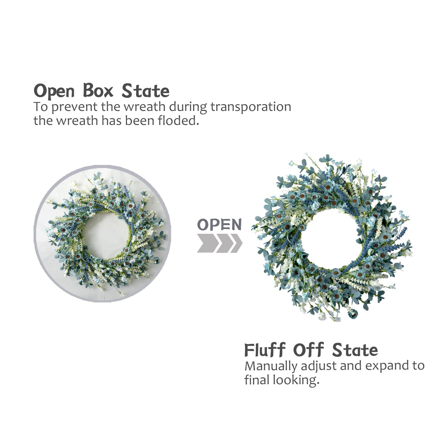 Bibelot 22 Inch Spring Wreath Blue with Green Leaves Wreaths Blue Daisy Artificial Grains White Flower Wreath for Front Door Wreaths,Farmhouse Decor Indoor&Outdoor Wedding Wall Home Decor