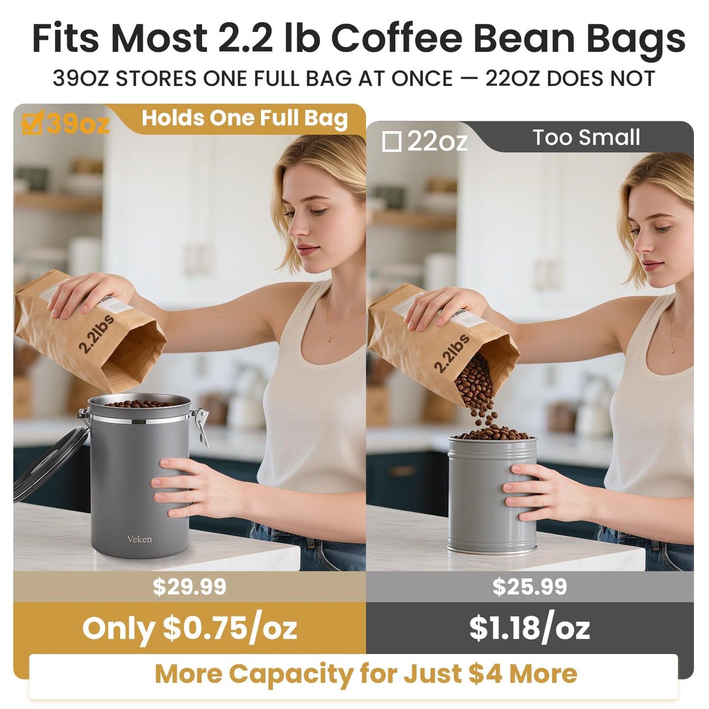 Veken Coffee Canister, 39OZ Large, Airtight Stainless Steel Food Storage Container for 2.2lbs Coffee Beans,Ground, Sugar,Espresso,Rice,Tea,Flour, Cereal,Home Kitchen Pantry Bar Accessories, Gifts,Gray