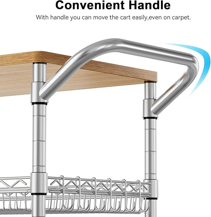 WDT 3 Tier Rolling Kitchen Carts with Wheels, Heavy Duty Rolling Utility Cart with Wood Tabletop, Commercial Grade Metal Cart with Handle and Hooks, NSF Storage Serving Island Carts, Light Wood+Metal