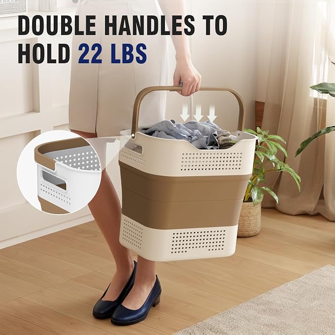TECHMILLY Collapsible Plastic Laundry Basket Hamper with Handles, 35L Portable Rubber Clothes Basket, Pop Up Storage Container/Organizer with Hanging basket for Washing & Storage, Brown