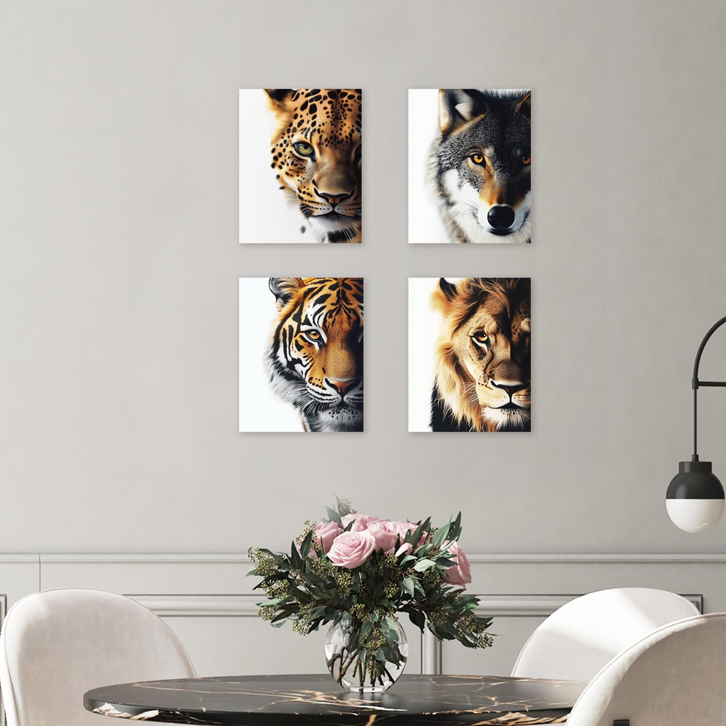 DOODLREAM 4 Pack Unframed Waterproof Animal's Face Decors Canvas Wall Art Tiger Lion Wolf's Head 8 x 10 Inch Canvas Wall Posters for Home Room Office Decoration Gift