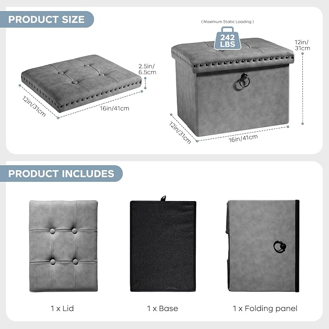 oakvivo Storage Ottoman Cube 16x12x12 inches, Small Faux Leather Tuffed Foot Rest Stool with Rivet Design, Foldable Ottomans Footstool, Box Chest for Bedroom, Entryway, Load 242 lb, Grey