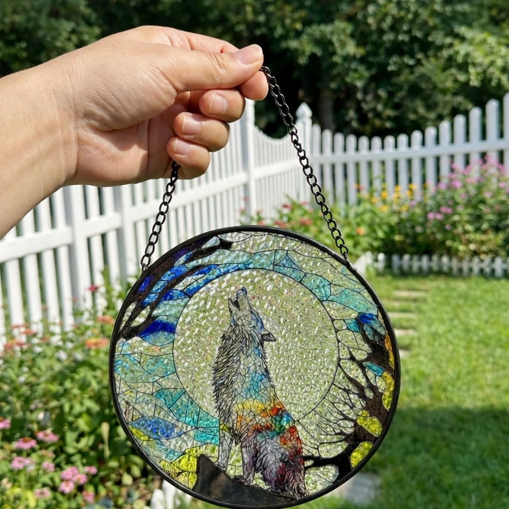 Stained Glass Window Hanging, Stained Glass Suncatcher, Wolf Sun Catcher with Metal Chain, Window Decor for Home Garden, Wolf Lover Gift, Housewarming, Christmas or Birthday Gift (Black)