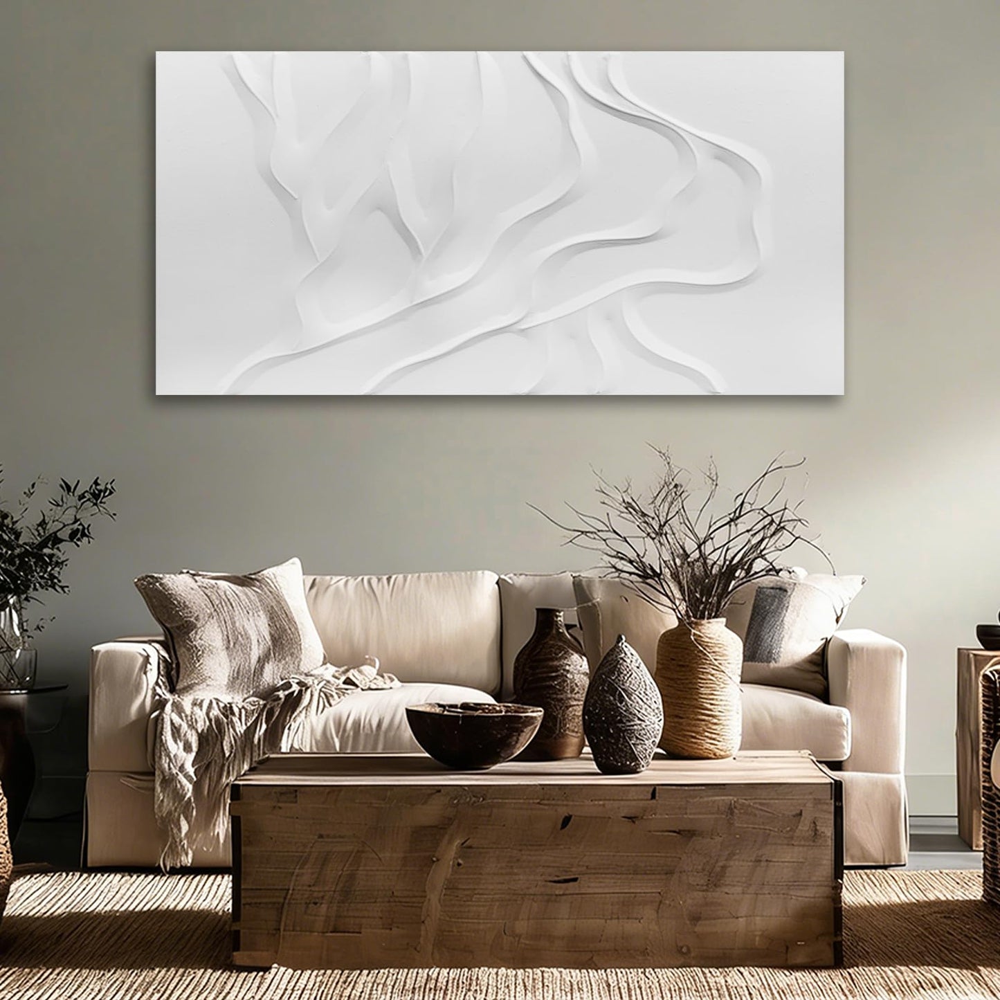 ZUNARE Minimalist White Abstract Wall Art, Hand Painted Textured Canvas with Soft Organic Relief, Modern Neutral Wall Decor for Living Room or Bedroom 24×48 Inch