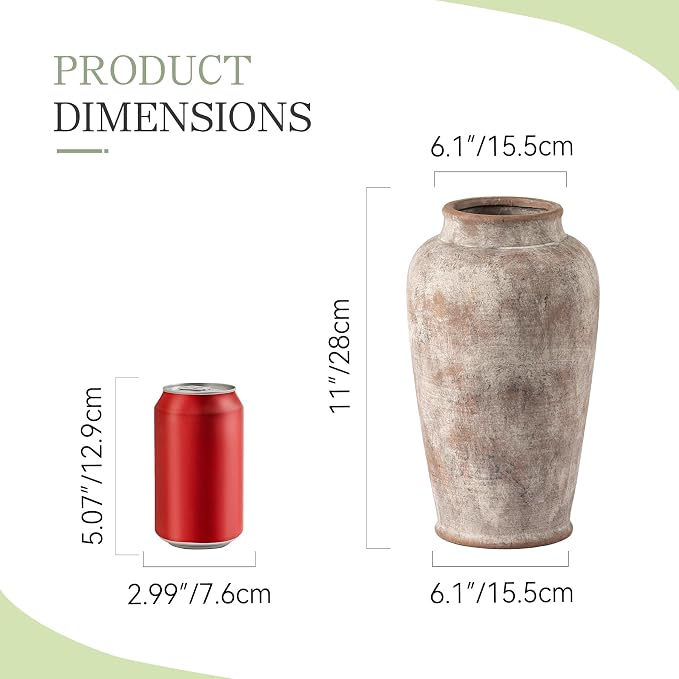 Ceramic Rustic Vase, Large Flower Vase Tall Farmhouse Decorative Vase Floral Pottery Vases for Home Decor Table Living Room Entryway Mantel Bedroom Bathroom Kitchen - 11 Inch Rustic