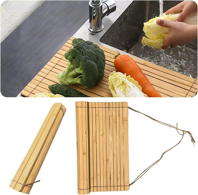 Over Sink Drainer Rack, Bamboo Roll up Dish Drying Rack Multipurpose Dish Drainer Counter Space, Over The Sink Dish DryingRack for Draining Dish, Glass, Vegetables, Fruits