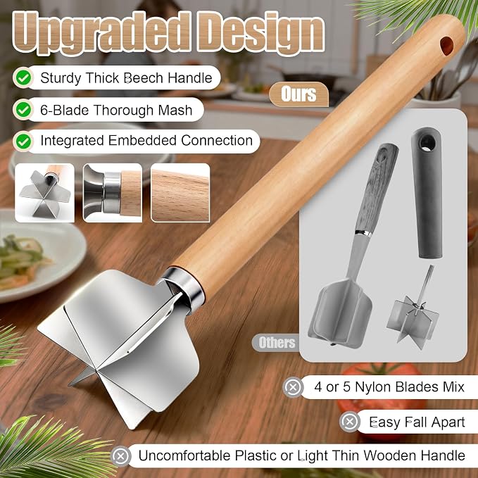 304 Stainless Steel Meat Chopper, 6-Blade Heavy Duty Ground Beef Meat Masher, 11 Inch Food Grade Hamburger Smasher Metal Kitchen Tool for Vegetable Puree Cooking