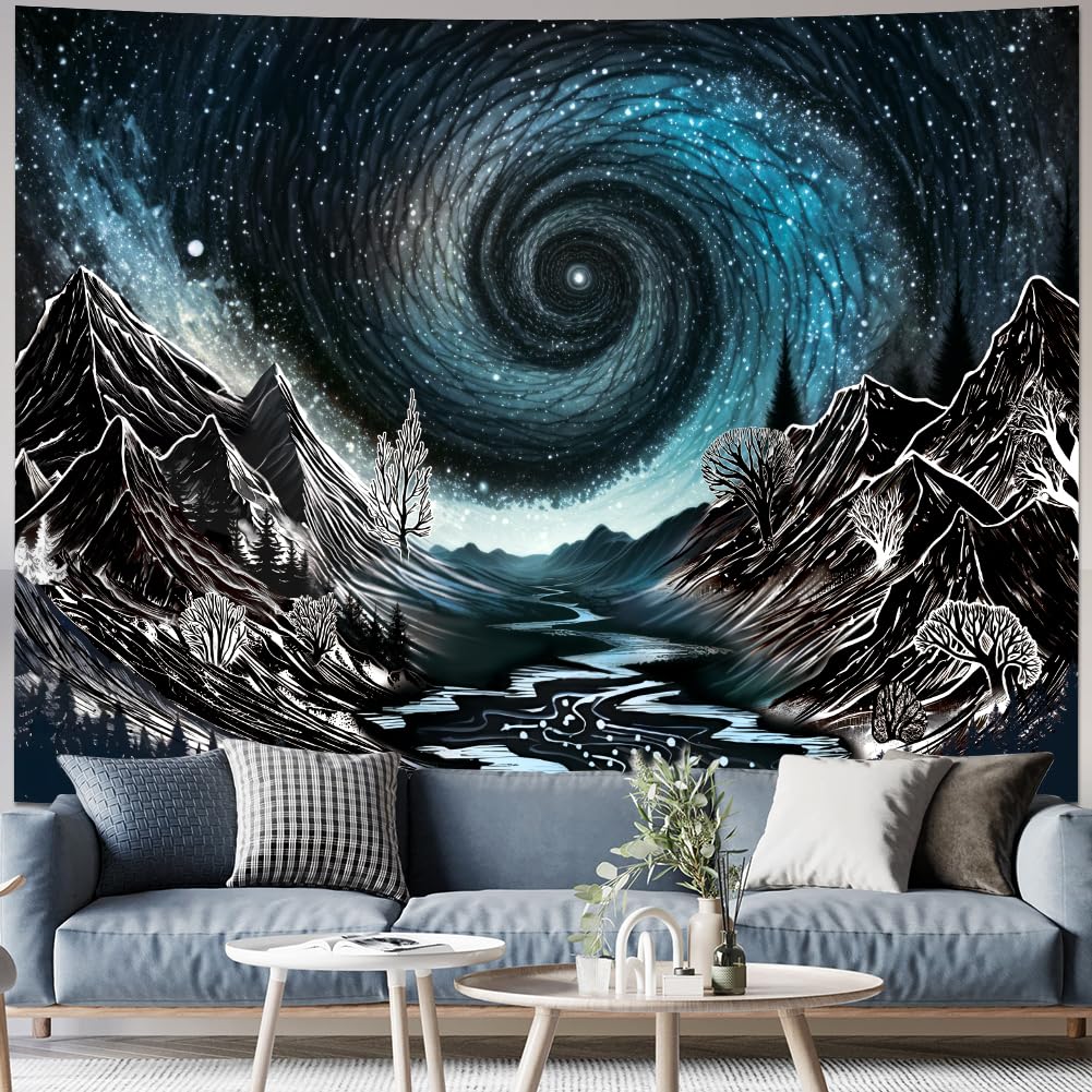 Maccyafst Black and White Mountain Tapestry Trippy Galaxy Stars Tapestries Magical Starry Night Tapestry Sketched Forest Trees Wall Hanging Nature River Landscape Background for Bedroom