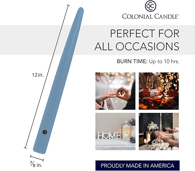 Colonial Candle Unscented Taper Candle, Handipt Collection, Wedgewood, 12 in, Pack of 12 - Up to 10 Hours Burn
