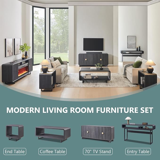 IFGET 48" Modern Coffee Table, 2-Tier Minimalist Center Table with Storage Shelf, Curved Profile Design, Wooden Rectangular Living Room Table w/Wood Thick Design for Living Room, Office, Dark Grey