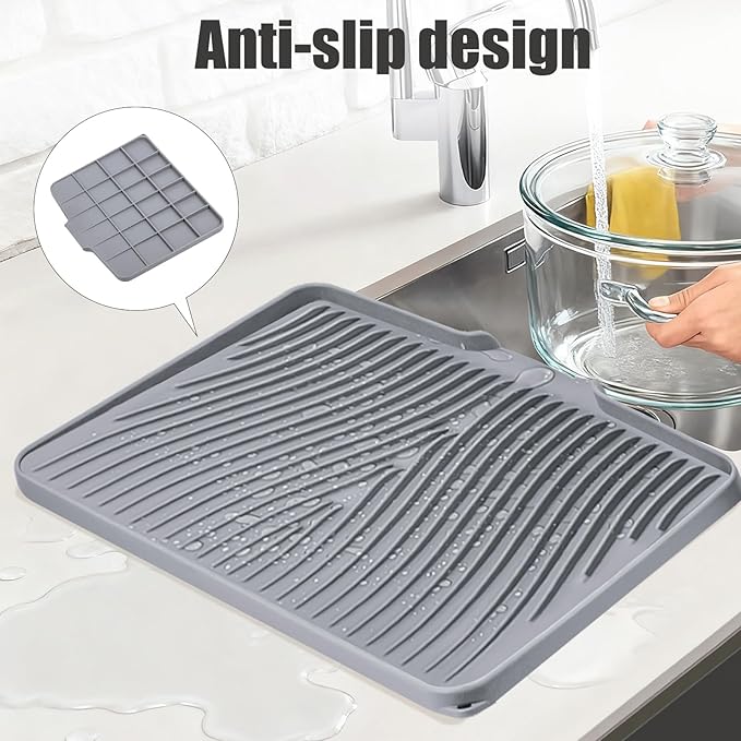 TIKNIK Silicone Dish Drying Mat for Kitchen Counter - Heat Resistant & Non-Slip Dish Drain Pad with Built-In Drain, Dishwasher Safe, Quick-Dry, Hangable & Roll-Up for Storage, Grey-1pcs, 20" x 15"