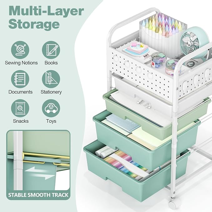 4 Drawer Rolling Storage Cart with Pegboard Top and Hooks, Mobile Organizer Cart with Wheels for Office Supplies, Craft Storage, Classroom Organization, Home Utility Cart, Gradient Green