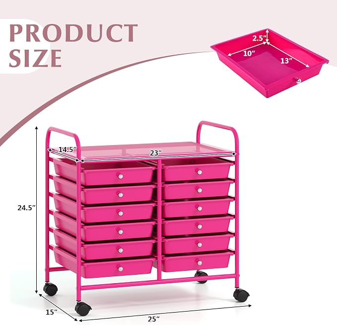 COSTWAY 12-Drawer Rolling Storage Cart, Utility Storage Organizer Cart for Tools, Scrapbook, Paper, Craft, Multipurpose Art Supply Organizer on Wheels for Home Office School, Teacher, Hot Pink