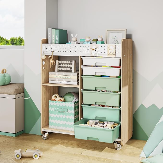 Rolling Storage Cart with Top Pegboard and 6 Drawers, Mobile Utility Cart on Wheels with Locking Brakes, Craft Organizer Lateral File Cabinet for Home, Office and Craft Room – Wood Frame(Green)