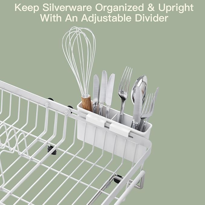 MAJALiS White Dish Drying Rack Over The Sink with Utensil Holder, Mat | Expandable Stainless Steel Dish Drainer for Small Kitchen, Apartment, RV, Counter Space Saving, Perfect Fit, Rustproof