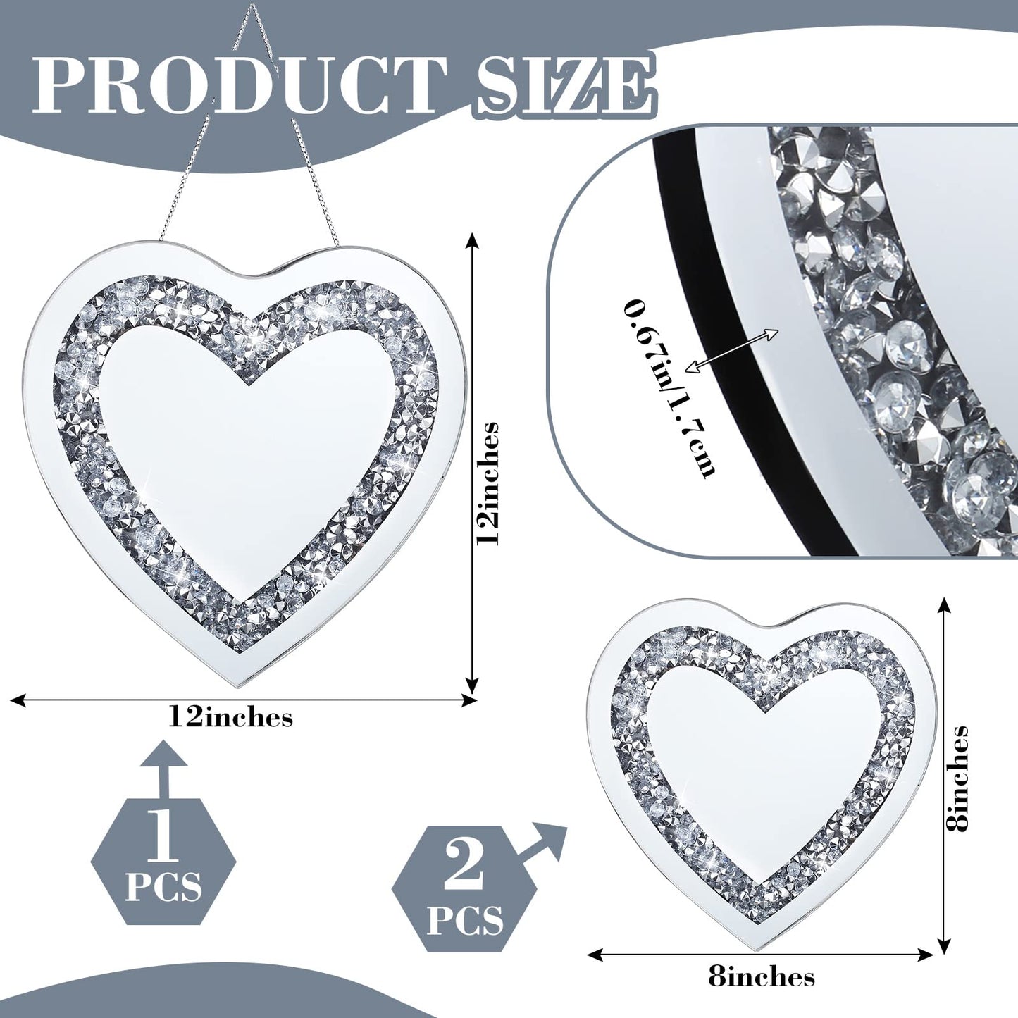 Qunclay 3 Pcs Crystal Crush Diamond Silver Mirror, 12 and 8 Inches Modern Shaped Wall Hang Decorations Glass Diamond Mirror for Bathroom Living Room (Heart Shape)
