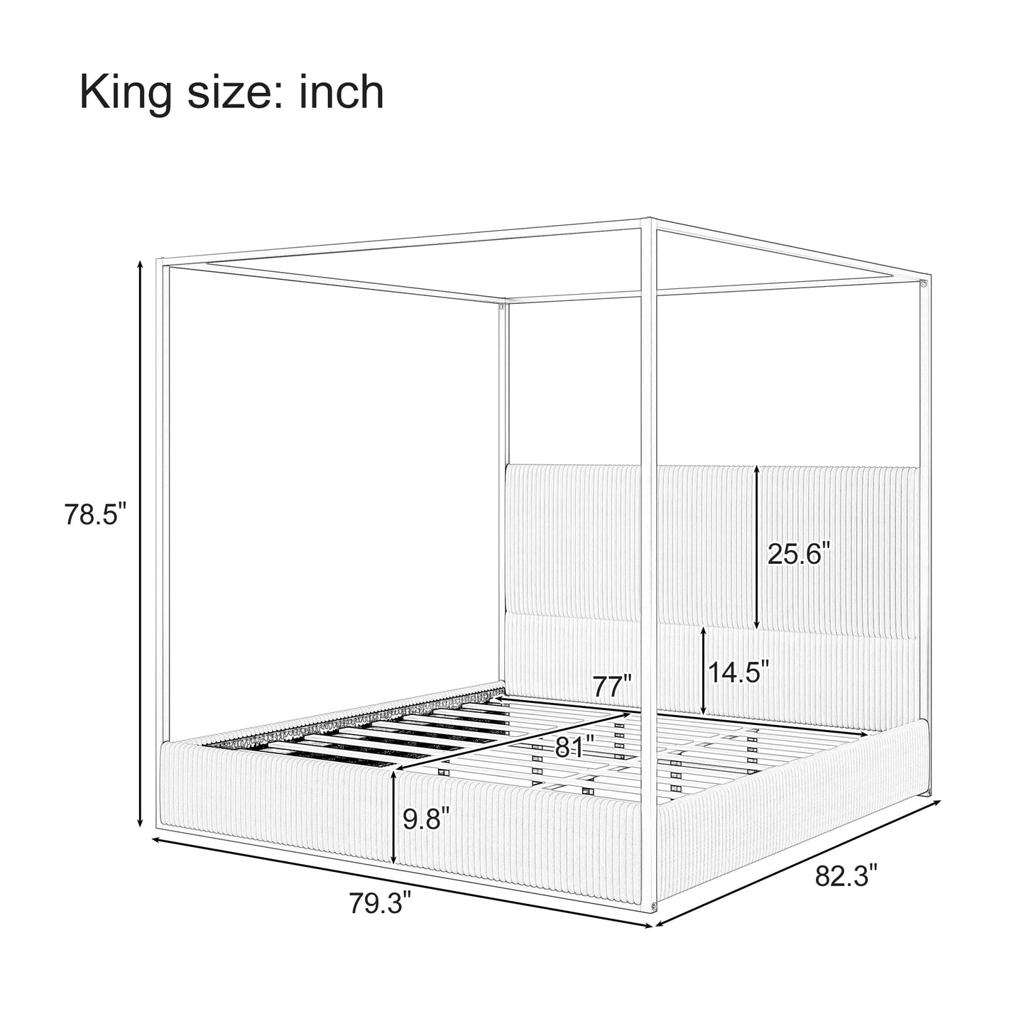 Merax Modern Luxury King Metal Canopy Bed with Tall Upholstered Headboard, Gold Four Poster Bed, No Box Spring Needed, White