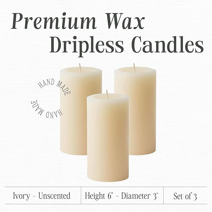 Mister Candle Dripless Unscented Ivory Pillar Candles Hand Poured, Solid Color Non-Scented Candles for Home Decor, Premium Wax, 80 Hr Burn Time, 3x6 Inch