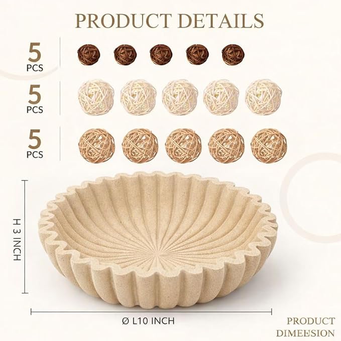Large Modern Ruffle Bowls, Artificial Stone Decorative Catch All Bowl for Kitchen Counter and Entryway Table, Handcrafted Fruit Bowls and Key Bowl for Home Decor(Beige)