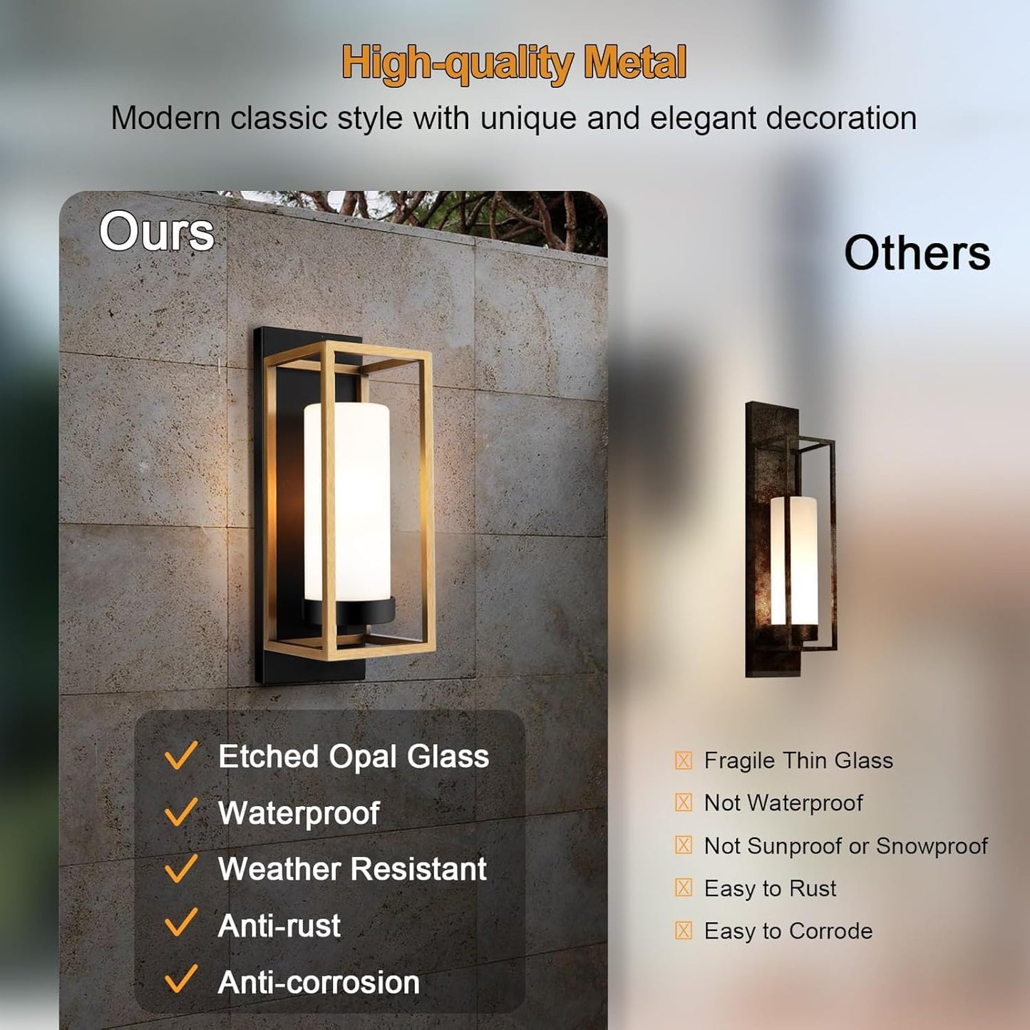 ALVIME Modern Outdoor Wall Lights 2 Pack, Brushed Gold & Matte Black Exterior Sconce, Waterproof Porch Light for House Garage Front Door Living Room Bathroom, E26 Base Etched Opal Glass