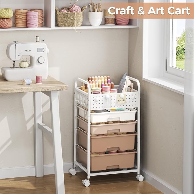 4 Drawer Rolling Storage Cart with Pegboard Top and Hooks, Mobile Organizer Cart with Wheels for Office Supplies, Craft Storage, Classroom Organization, Home Utility Cart, Brown