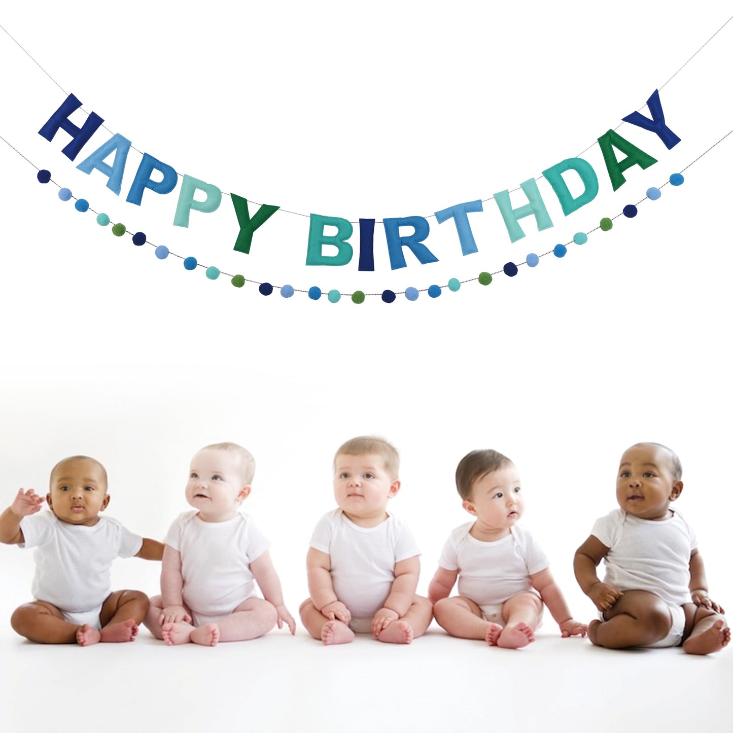 2 PCS Pre-Strung 3D Felt Happy Birthday Banner - Reusable Blue and Green Happy birthday Decorations Sign,Handmade Wool Felt Ball Garland, Pom Pom Garland, Party Decor, Photo Prop
