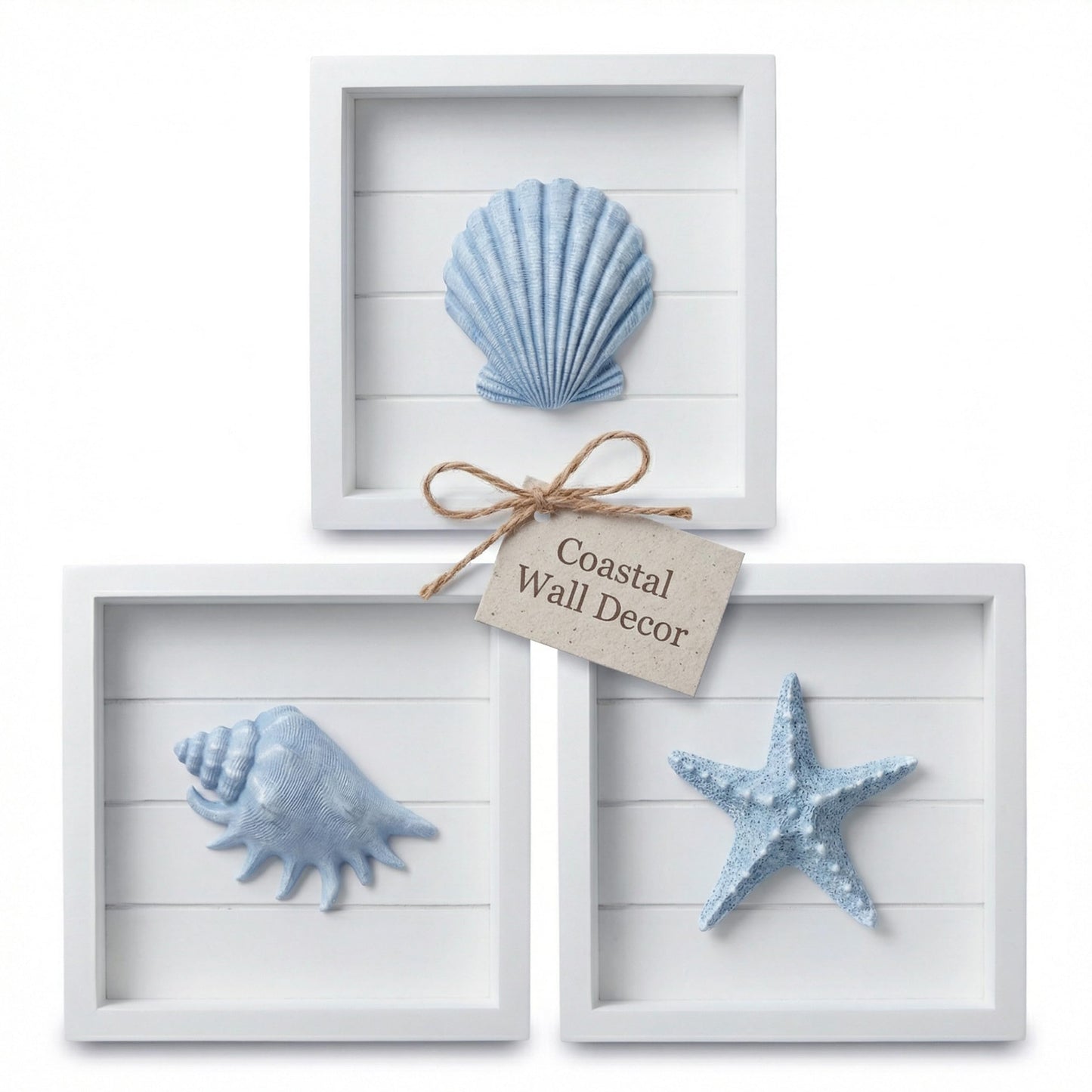 TideAndTales Blue Seashells and Starfish (Framed Set of 3) Coastal 3D Wall Art, Beach Wall Decor for Bathroom or Coastal Bedroom, Ocean Inspired Seaside Decorations for Home or Beach House (7"x7")