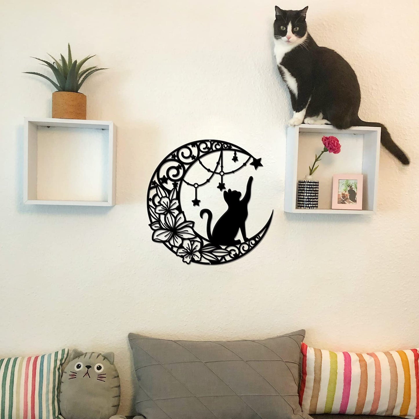 NBEADS Cat Metal Wall Art Decor, 11.8" Moon and Cat Black Wall Hanging Decor Silhouette Wall Art for Home Bedroom Living Room Bathroom Kitchen Office Garden Hotel Wall Decoration