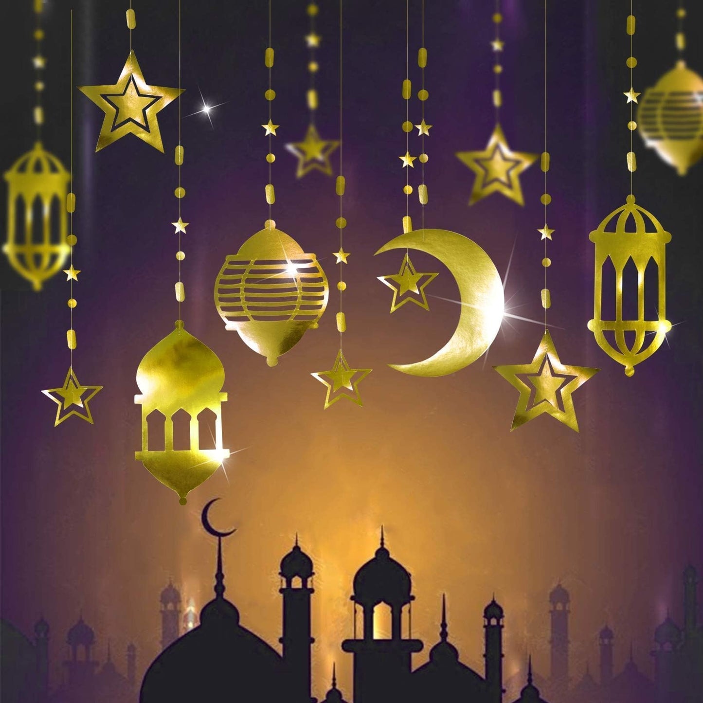 Cheerland Ramadan Decorations Gold Star Moon Lantern Garland Pre-Assembled Shining Hanging Ramadan Mubarak Eid Decorations Banner Streamer for Eid Mubarak Decor Home Party Supplies 16 Pcs