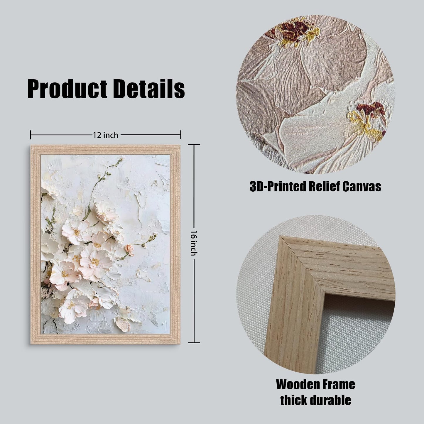 Framed 3D Floral Texture Canvas Wall Art Relief Textured Floral Oil Painting Modern Neutral Floral Poster Gallery Framing Plant Decor Living Room Bedroom 12x16inch x 2 Ready to Hang