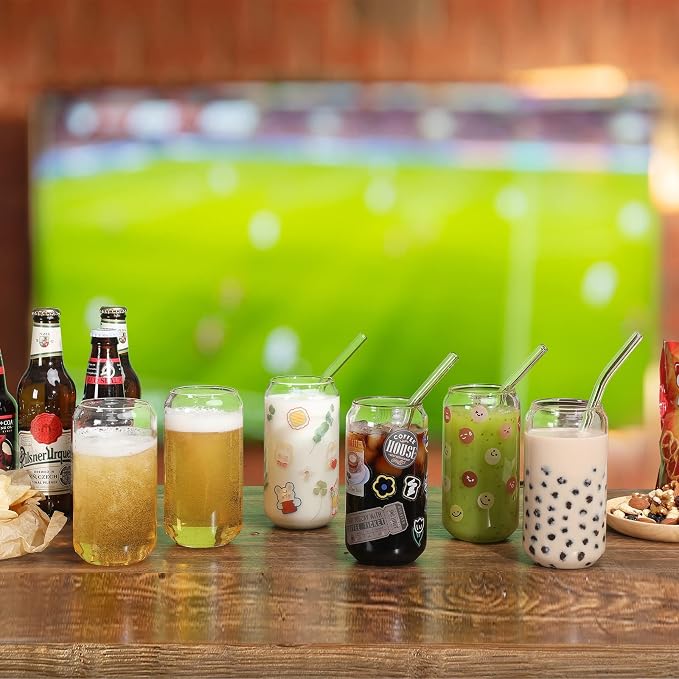 NETANY [ 8pcs Set ] Drinking Glasses with Glass Straw - 16oz Glass Cups, Beer Glasses, Iced Coffee Glasses, Cute Tumbler Cup, Ideal for Whiskey, Soda, Tea, Water, Gift - 2 Cleaning Brushes