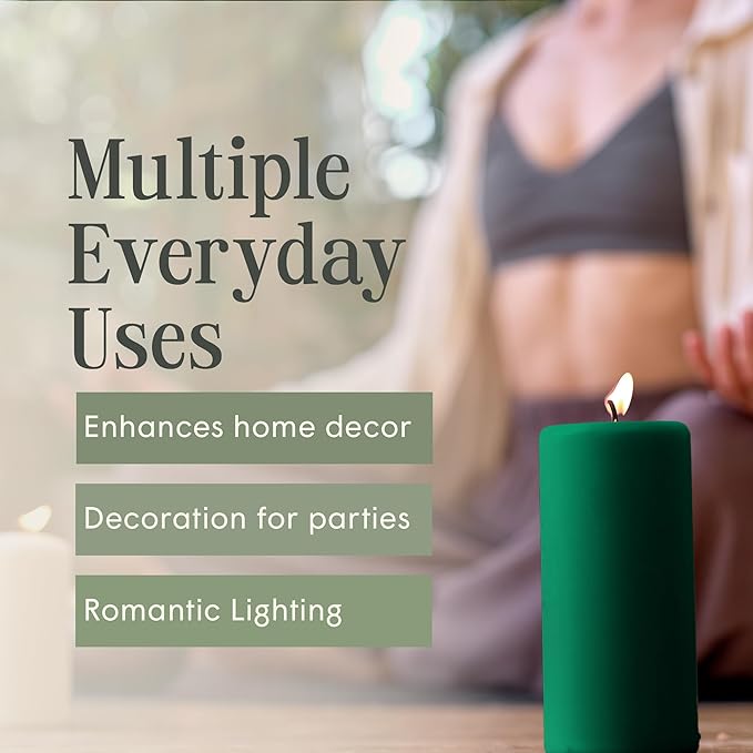 Mister Candle Dripless Unscented Pillar Candles, Set of 3 Hand Poured Hunter Green Pillar Candles, Solid Color Non-Scented Candles for Home Decor, Premium Wax, 80 Hr Burn Time, 3x6 Inch