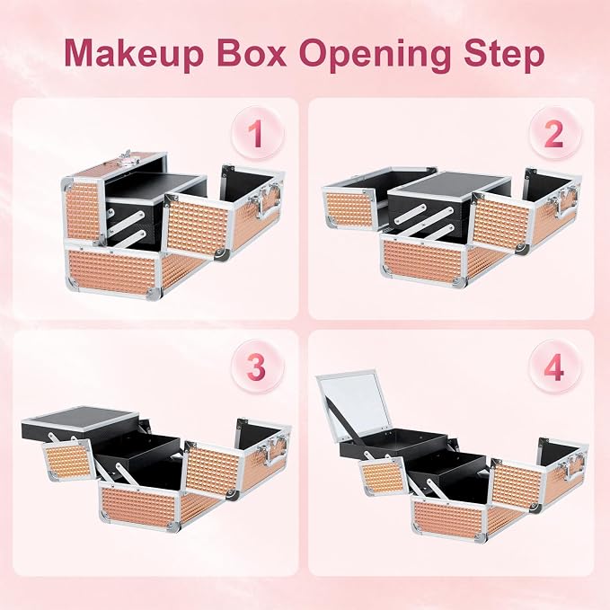 Makeup Train Case, Large Makeup Case with Mirror and Lock, Portable Makeup Box Organizer, 2 Trays Make Up Storage for Travel, Vanity, Cosmetics, Rose Gold