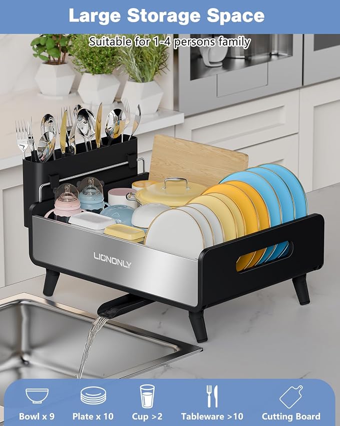 Dish Drying Rack, Thicker Premium Aluminum Frame and 304 Stainless Steel Plate Rack for Kitchen Counter, Automatic Drainage Spout, Dish Drainer & Drainboard Set with Utensil Holder, Black