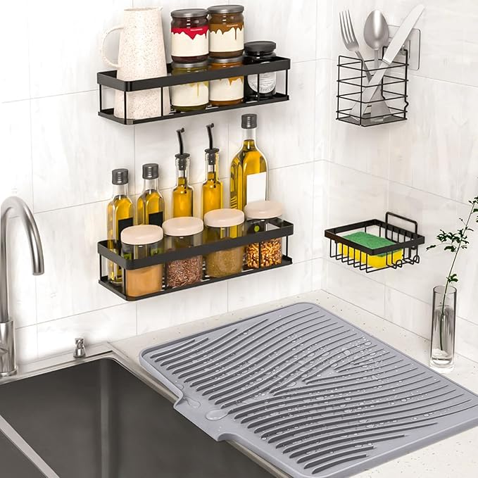 TIKNIK Silicone Dish Drying Mat for Kitchen Counter - Heat Resistant & Non-Slip Dish Drain Pad with Built-In Drain, Dishwasher Safe, Quick-Dry, Hangable & Roll-Up for Storage, Grey-1pcs, 20" x 15"