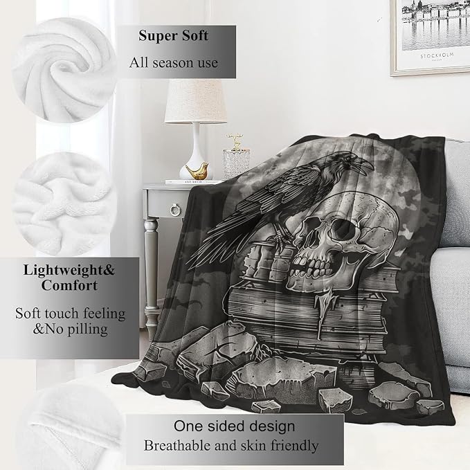 Gothic Skull Blanket,Goth Black Raven Spooky Throw Blankets,Gifts for Women Men, Lightweight Soft Fleece Cozy,for Sofa Couch Bed Room Travel,Festival Halloween Aesthetics Decor,40x50in