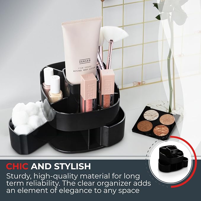 Masirs 360° Rotating Makeup Organizer for Vanity – Small Acrylic Cosmetic Storage Caddy with 5 Compartments, Mini Lazy Susan Turntable for Bathroom Counter, Skincare, Perfume, Brushes, Black
