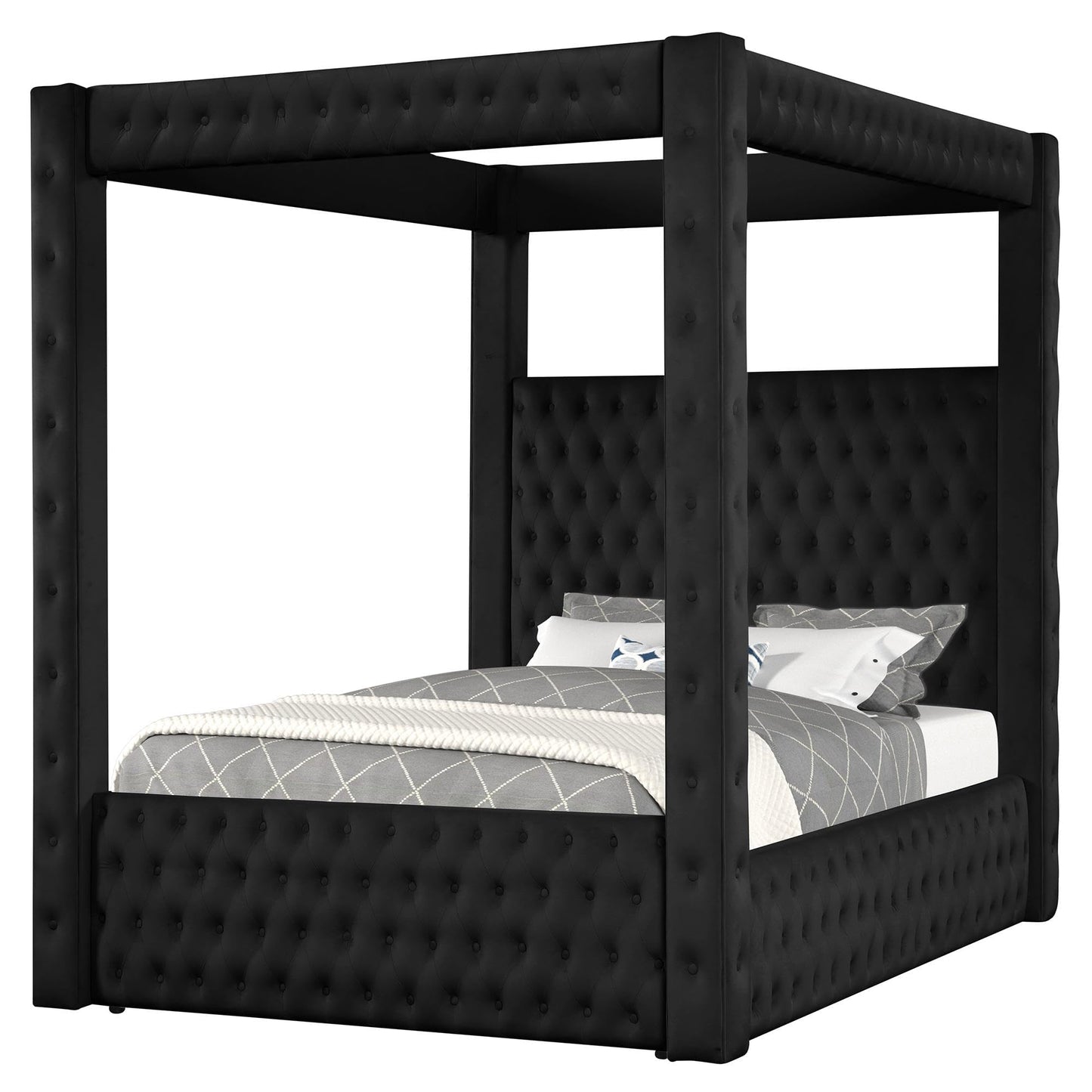 Wirktive Velvet Canopy Bed Frame King - Upholstered Four Poster Bed Frame with Tufted Headboard and Footboard, Luxury Bed Frame with Wood Slats for Bedroom Furniture, Box Spring Required, Black