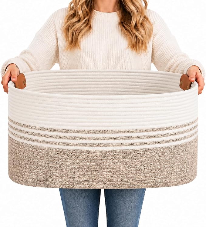 Extra Large Laundry Basket Hamper, 72L Cotton Rope Storage Bin for Blankets, Toys, Clothes, Decorative Nursery Hamper for Living Room, Baby Nursery, Bathroom, Bedroom, Kids Storage, Light Brown