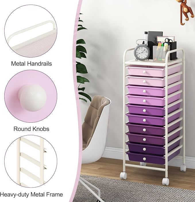 MEDIMALL 10 Drawers Rolling Storage Cart, Multipurpose Craft Storage Cart with Wheels, Mobile Tools Scrapbook Paper Organizer Cart for Office School Home Use