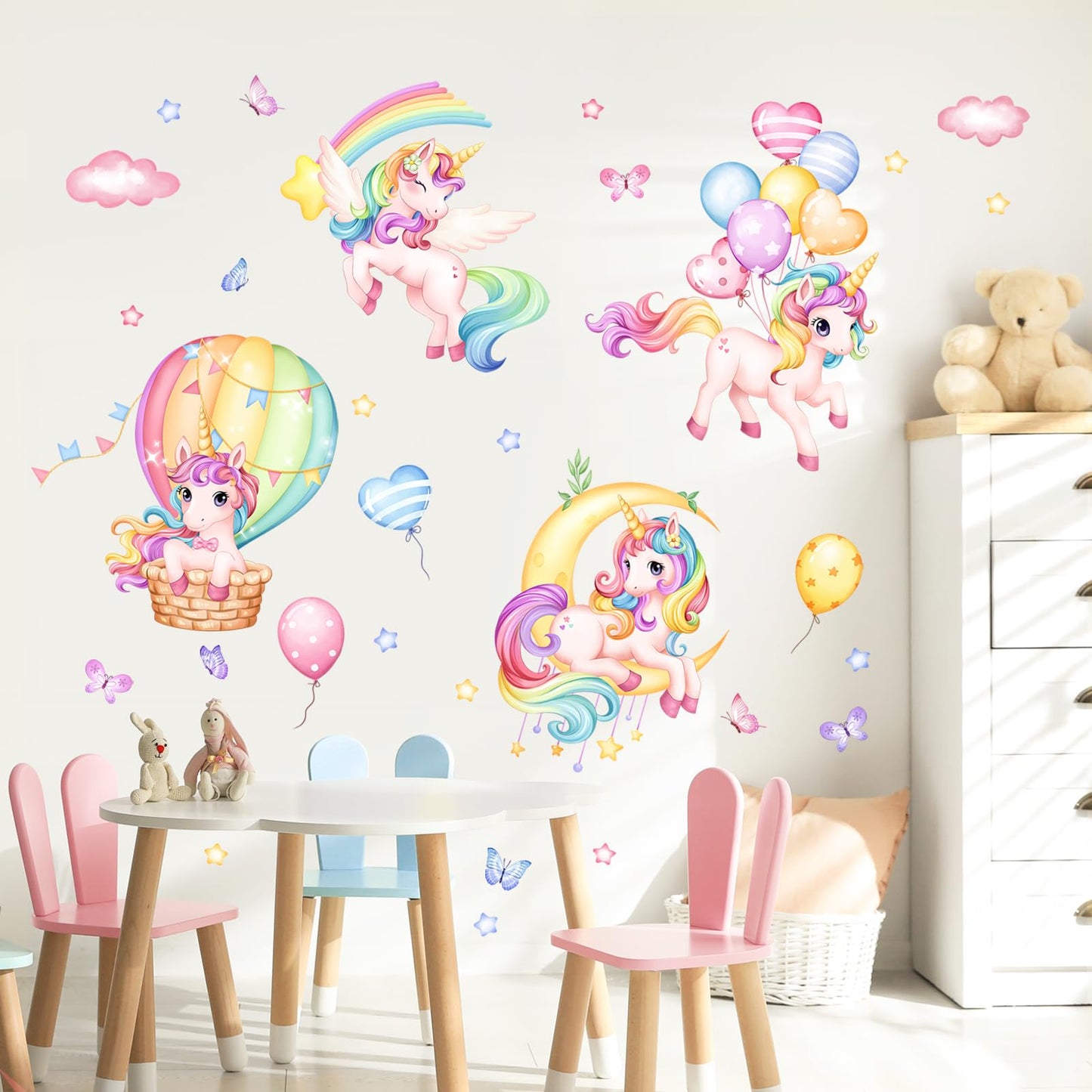 Unicorn Rainbow Wall Decals Hot Air Balloon Moon Clouds Stars Wall Stickers Baby Nursery Girls Bedroom Kids Room Wall Decor