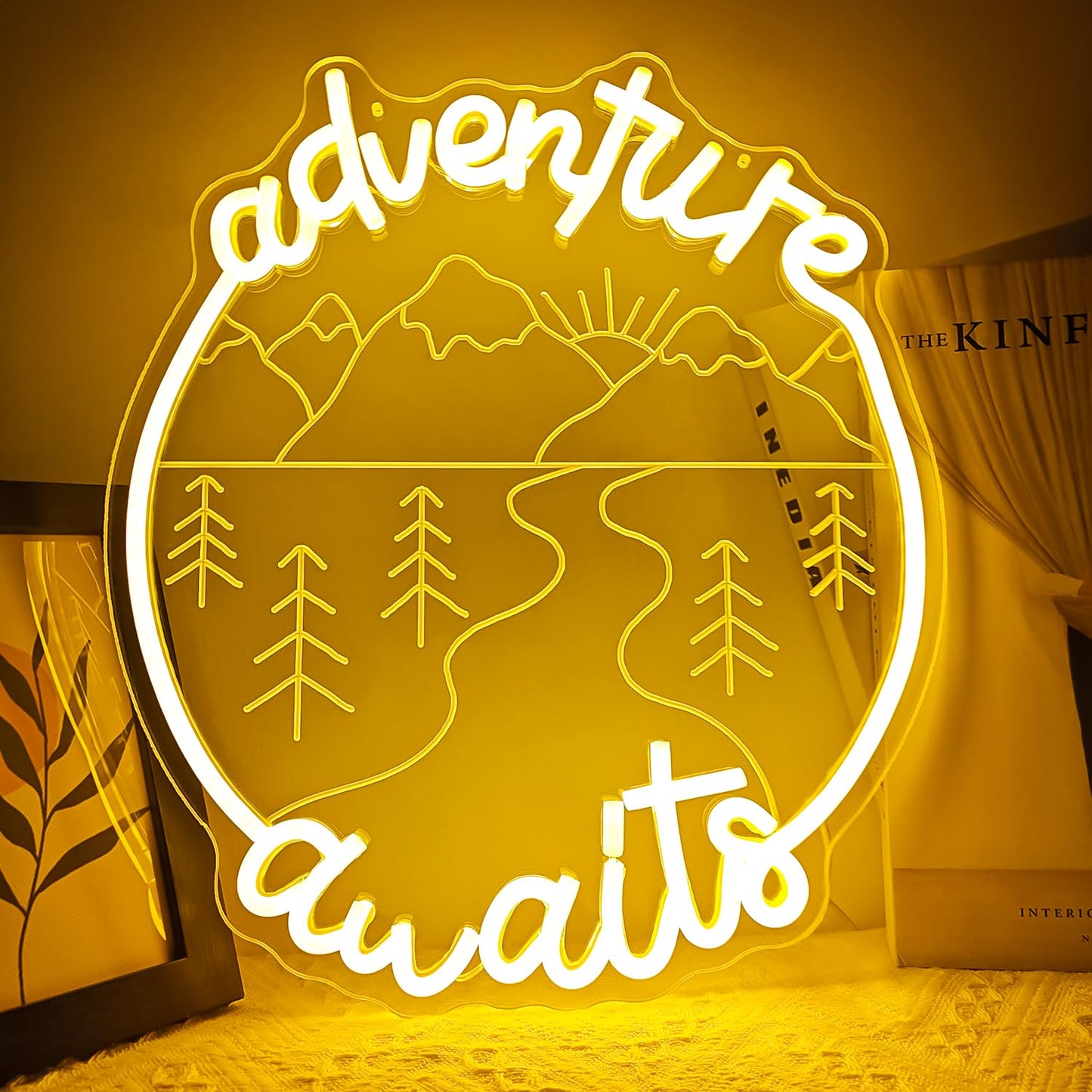 Jeanchrl Adventure Awaits Neon Sign Dimmable Camping Neon Lights for Recreational Vehicle Decor Yellow LED Signs for Camping Party Decorations Adventure Neon Light Sign Gifts for Camping Lovers