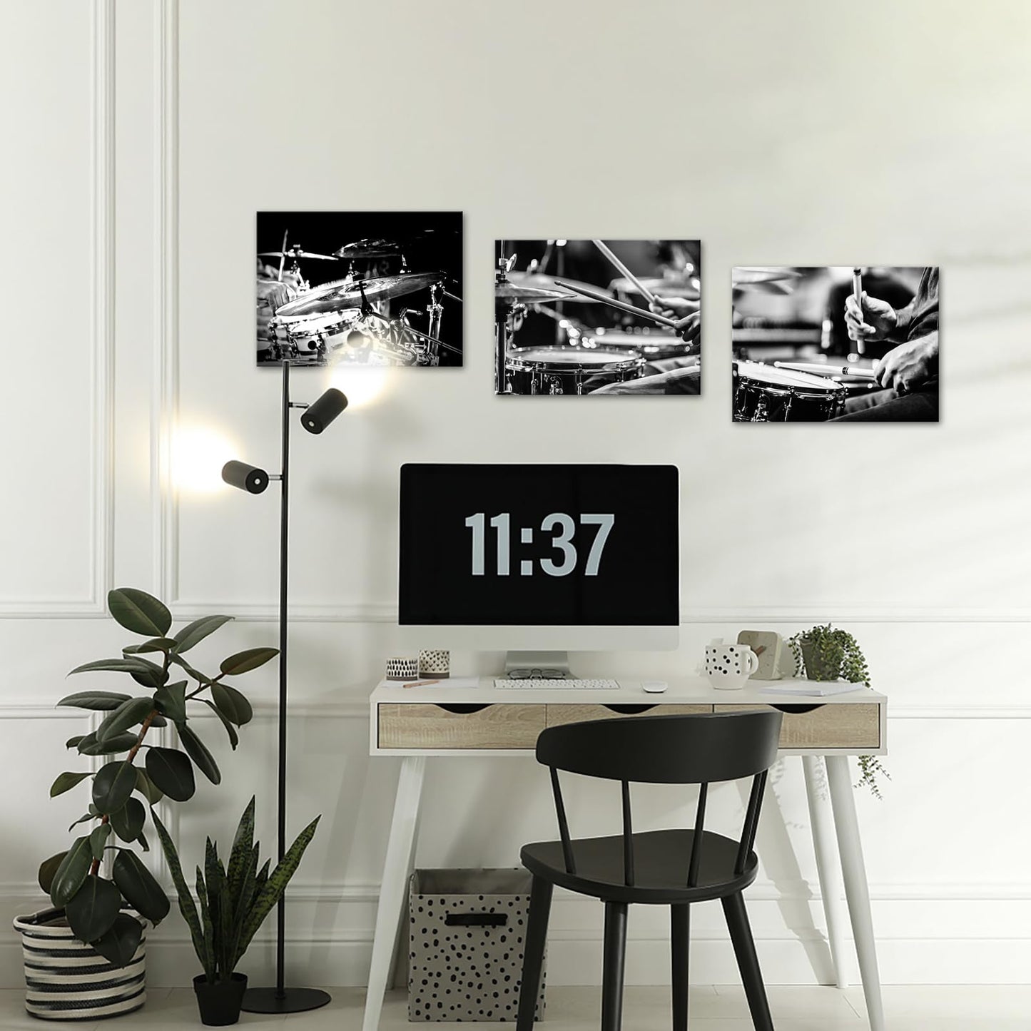 PoGoXiPoYo 3 Piece Music Canvas Wall Art Rock Band Shelf Drum Set Musical Instruments Picture Prints Black and White Artwork Posters Wall Decor for Living Room Bedroom Home Studio 12x16inchx3pcs