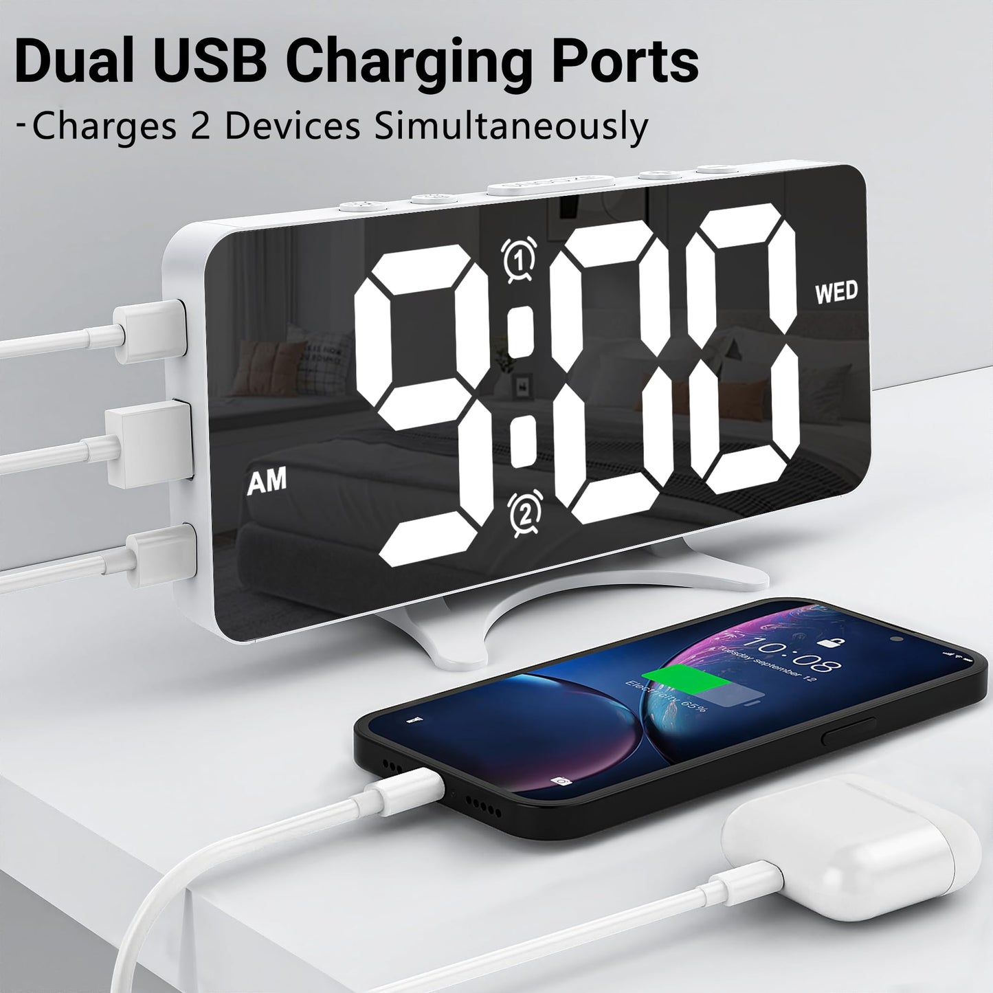 Risop Digital Alarm Clock for Bedroom, Mirror LED Display Bedside Clock with Adjustable Brightness, Dual Alarm & Snooze for Heavy Sleepers, USB Powered Desk Clock for Nightstand, Home & Dorm