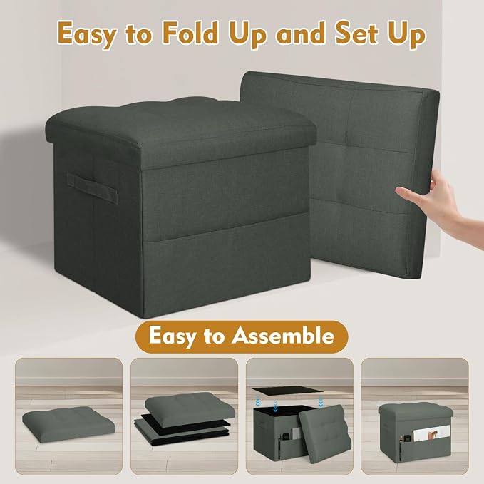 BelugaHelper Small Ottoman with Storage, Foldable Ottoman Foot Rest Stool with Thicker Foam Padded Seat. Linen Storage Bench for Bedroom Living Room, Holds Up to 300 lbs, 17x13x13IN(Black Green)