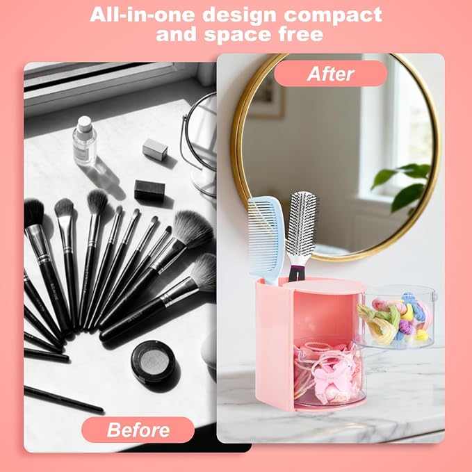 Luscinia Hair Accessories Organizer with Hair Brush Holder, Rotatable Makeup Brush and Jewelry Storage Box for Hair Clips, Earrings, Necklaces, Bracelets, Rings, and Daily Accessories (Pink, 2-Layer)