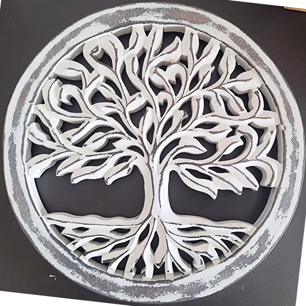 Wooden White Wash Tree of Life Wall Art Panel – 12 Inch Round Wood Carved Wall Hanging Sculpture | Indoor Outdoor Tree of Life Altar Panel Home & Office Wall Décor