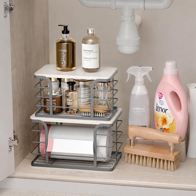 2 Pack Trash Bag Holder,Stackable Storage Kitchen Laundry Organizers with Bamboo Top,Garbage Bag Dispenser for Countertop Organization,Gray