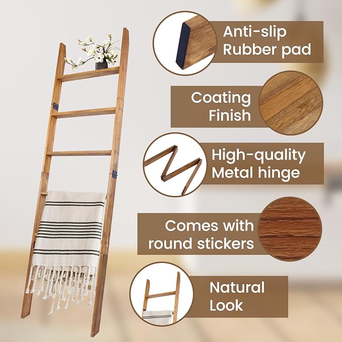 Blanket Ladder, 6-Tier Wooden Quilt Stand, Decorative Ladder Shelf, Leaning Shelf, Wall Leaning Blanket Ladder Towel Storage Rack for Living Room (Walnut)