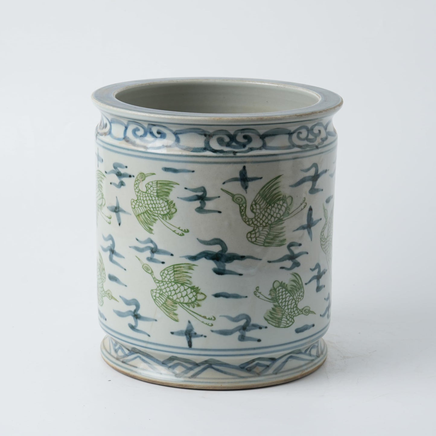 Antique Hand-Painted Flower and Bird Porcelain Pen Holder Old Style Ceramic Planter 9.7 Inch Large Plants Vase Blue & White Porcelain Silla Flower Plant Pots (Green and Blue)